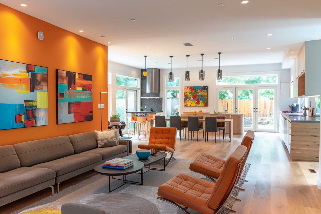 Salon moderne et lumineux démontrant l'harmonisation des couleurs de peinture dans une maison ouverte